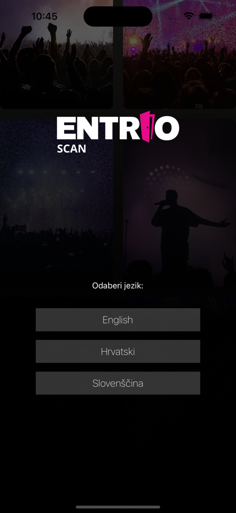 Entrio scan app language selection screen featuring options for English Croatian and Slovenian