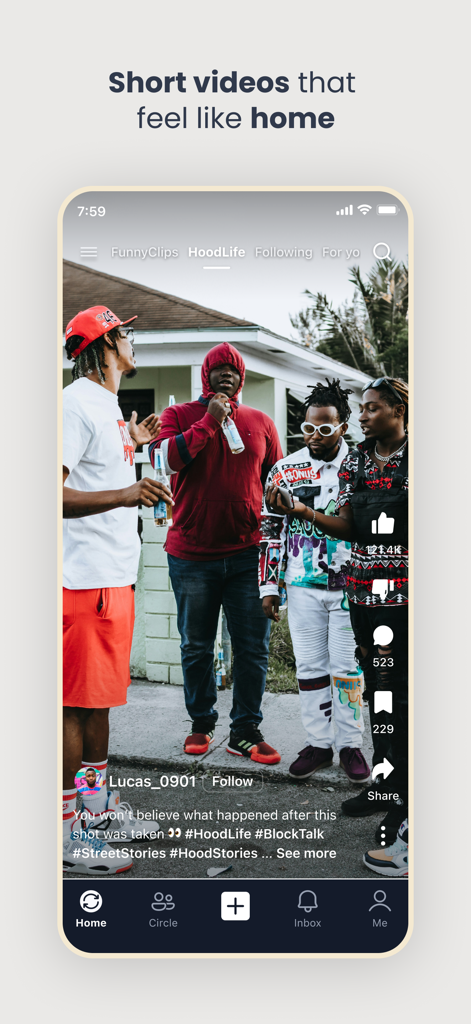 Scoopz app interface showing a short video from a community circle.