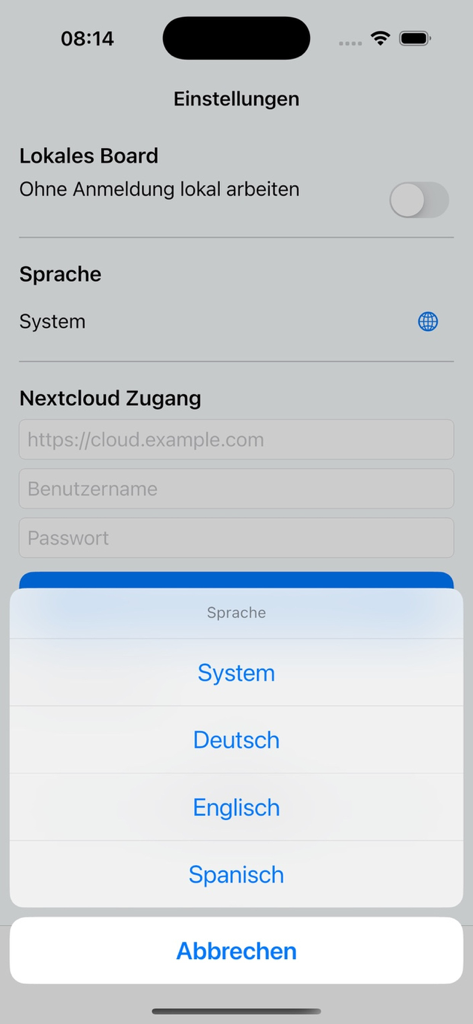 Next Deck app settings screen on iPhone featuring a language selection menu with options for System, German, English, and Spanish.