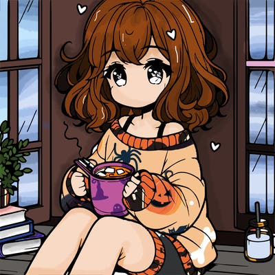 cute anime girl reading book and drinking hot chocolate from mug with loose wavy hair wearing a baggy sweatshirt and shorts sitting by windowsill looking out