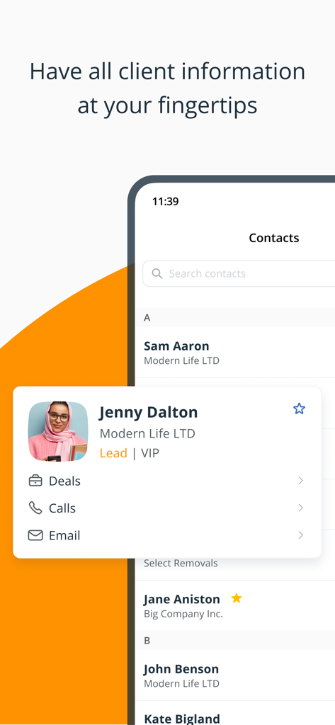 OnePageCRM - Simple CRM System - OnePageCRM mobile interface displaying a list of contacts and a detailed lead profile for efficient client management