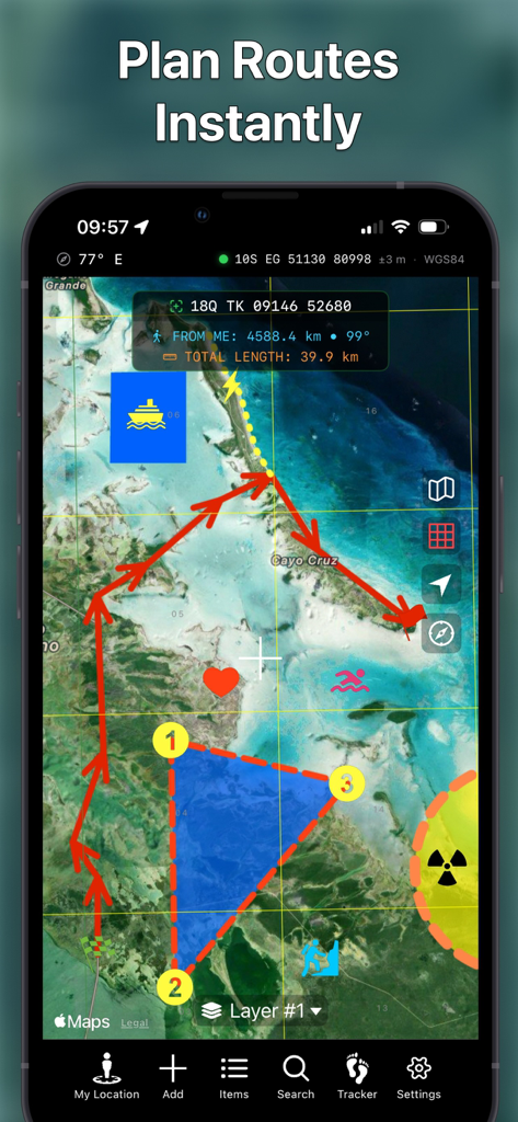 Route Planner - GPS MGRS UTM - Smartphone displaying Route Planner app with tactical map route drawing and MGRS coordinates