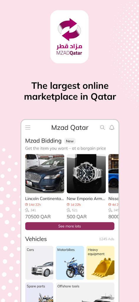 Mzad Qatar مزاد قطر - Mzad Qatar app interface displaying car auctions and vehicle shopping categories