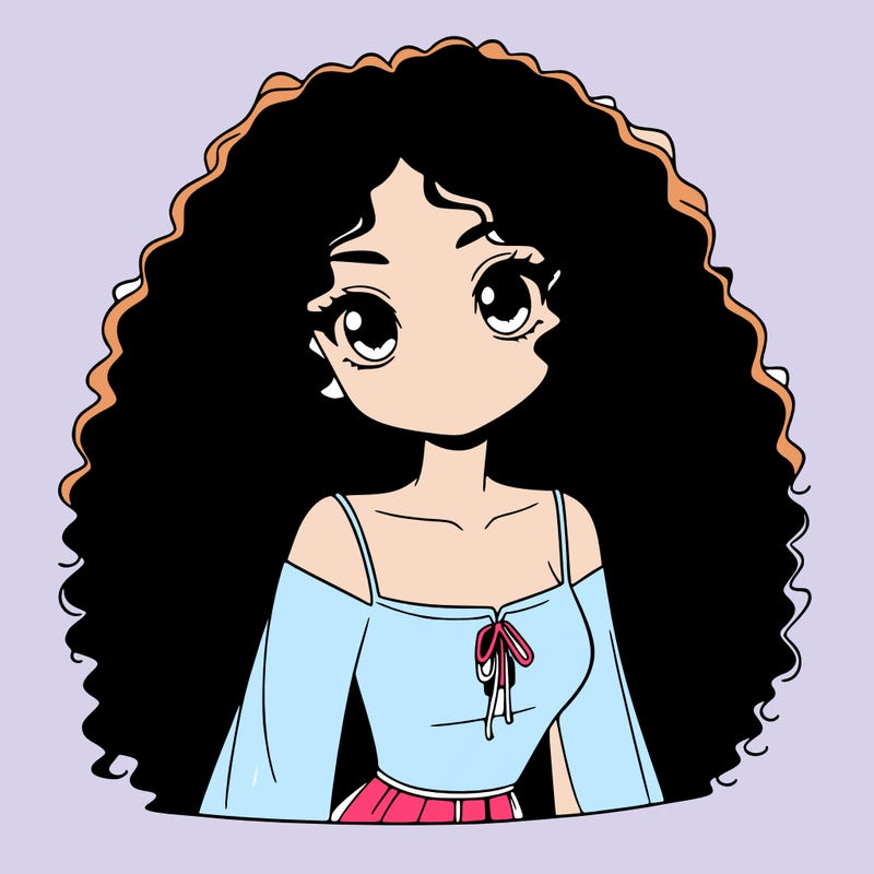 a black anime girl with long afro hair