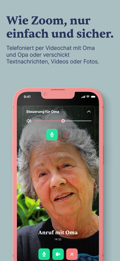 enna - Smartphone screen showing a simple video call with a grandmother using the enna app interface