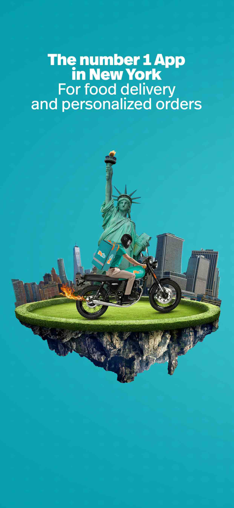 Patio Delivery rider on a motorcycle in front of the Statue of Liberty and New York City skyline