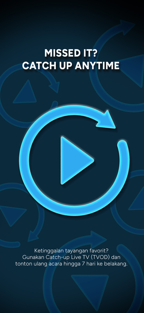 MAXstream app promotional screen showing the catch up live TV feature with a replay icon and text in English and Indonesian