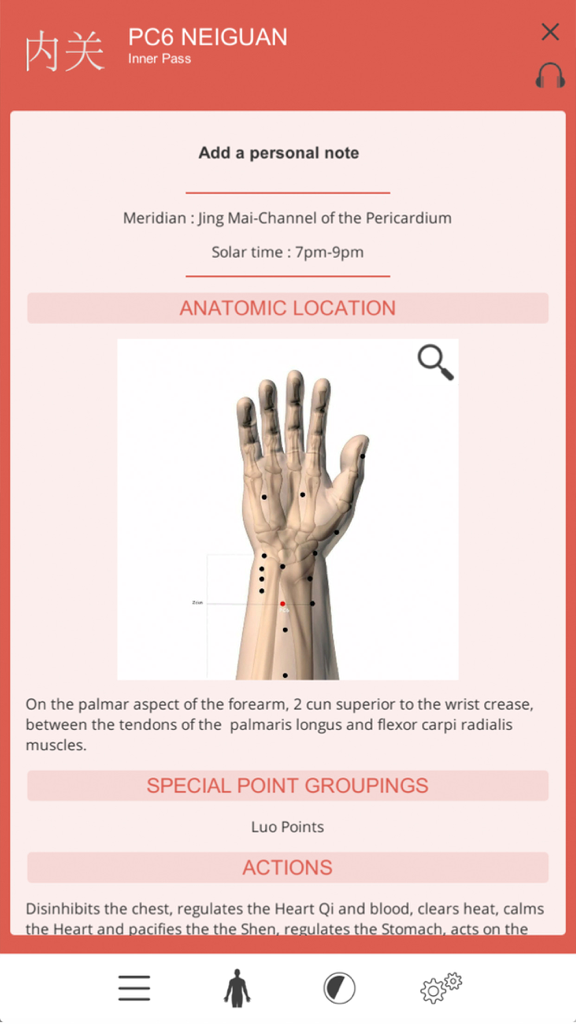 Schermata dell'app mobile Acupuncture3D che mostra la posizione anatomica e i dettagli clinici del punto di agopuntura PC6 Neiguan