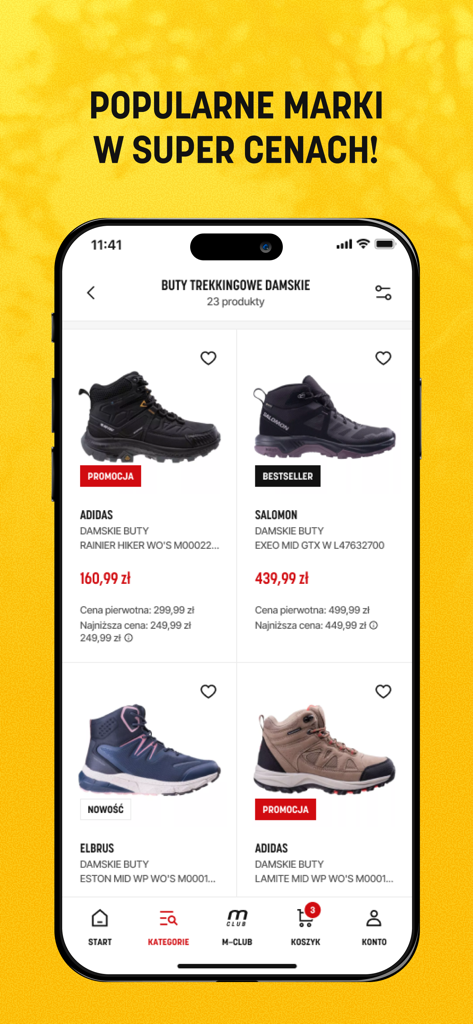 Martes Sport app showing women's trekking boots with promotion tags and popular brands.