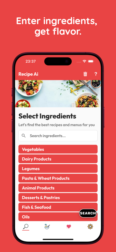 Tarif Ai - Smartphone-Bildschirm der Tarif Ai App zur Auswahl von Lebensmittelzutaten nach Kategorie