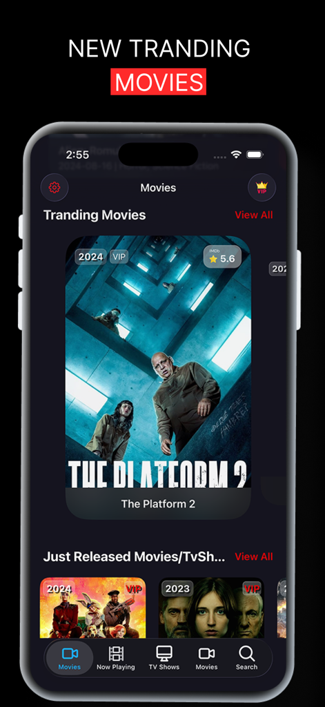 Netmirror アプリのインターフェイス。人気の映画のポスターと IMDb 評価が表示されています。