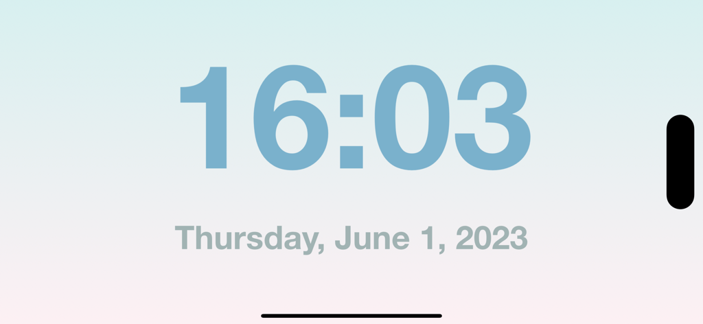 Pantalla de reloj digital horizontal con hora y fecha en azul grande sobre un fondo degradado claro