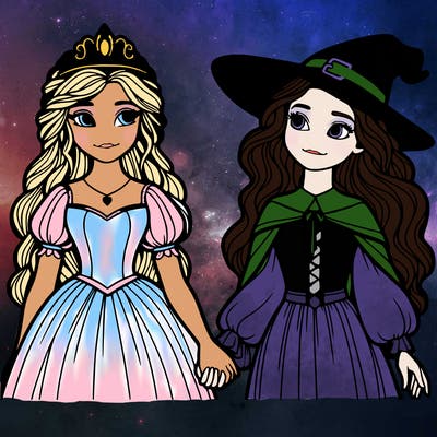 a princess and a witch holding hands realistic