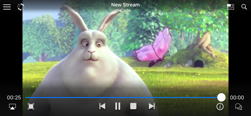 Live Player - AI media player - Benutzeroberfläche der Live Player KI-Mediaplayer-App mit einer Szene aus Big Buck Bunny und Videosteuerelementen