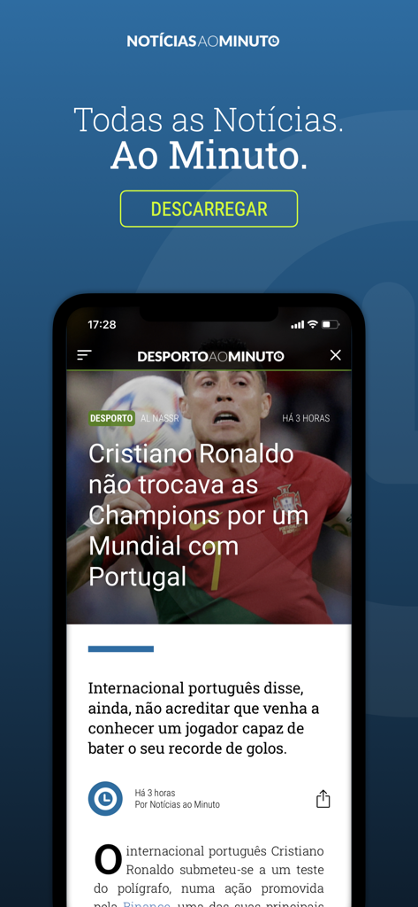Noticias ao Minuto Portugal - Interface de l'application Notícias ao Minuto Portugal montrant un article d'actualité sportive sur Cristiano Ronaldo