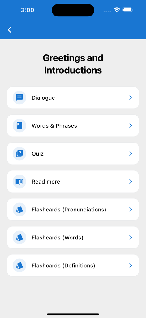 Learn Cantonese: CantoWise - Lesson menu for Greetings and Introductions in the CantoWise Cantonese language learning app