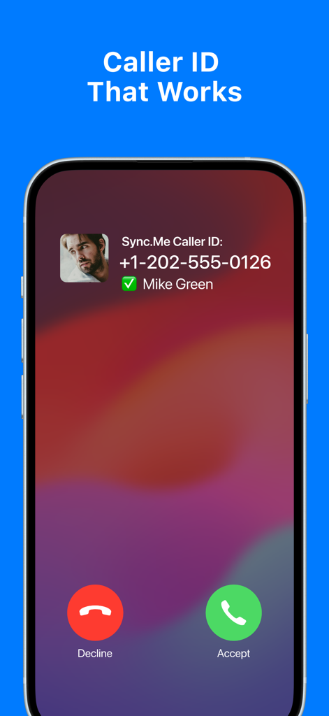 Sync.me - Caller ID & Contacts - Sync.ME 모바일 앱 인터페이스가 이름과 프로필 사진이 표시된 라이브 발신자 ID로 수신 전화를 표시하고 있습니다.