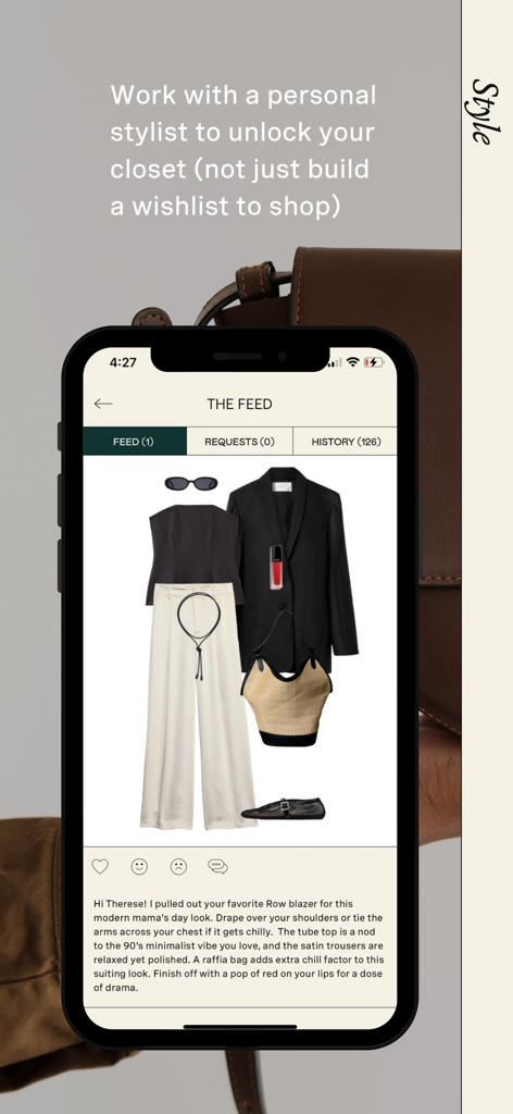Indyx: Wardrobe & Outfit App - Smartphone screen displaying the Indyx app with a personalized outfit suggestion curated by a professional stylist