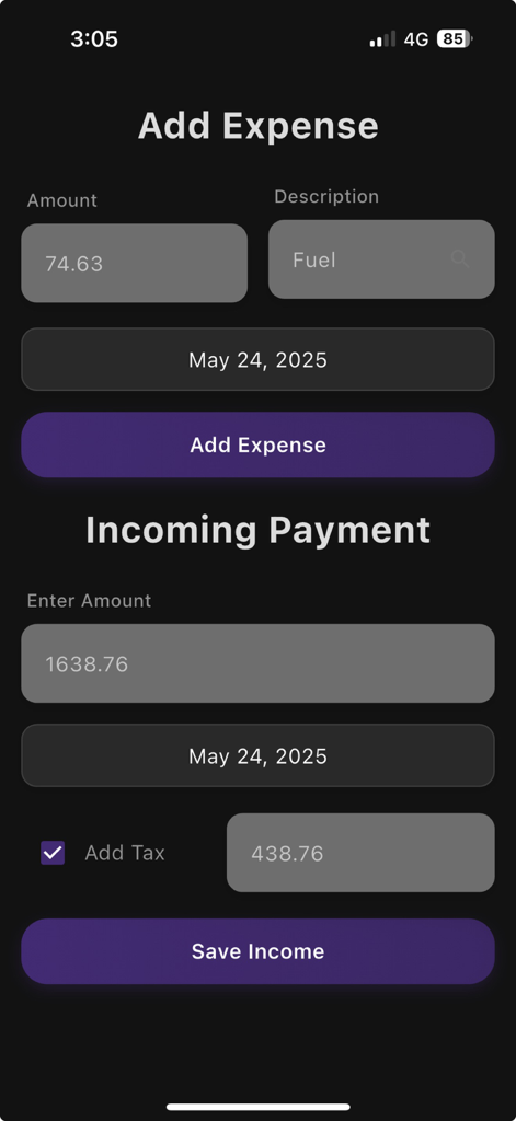 Wage Splitter - Manual expense and income entry interface with dark mode and purple buttons