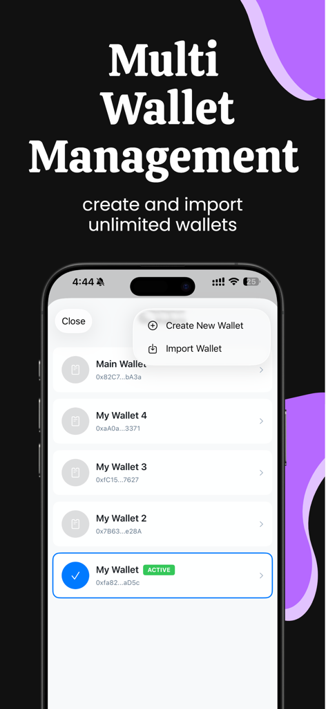 Interface para gerenciar várias carteiras Ethereum, incluindo opções para criar ou importar novas contas