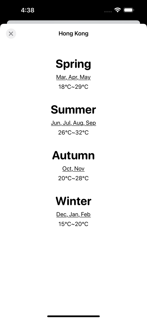 Four Seasons: Weather Forecast - Una descripción general minimalista de los meses de temporada y los rangos de temperatura para Hong Kong en la aplicación meteorológica Four Seasons.