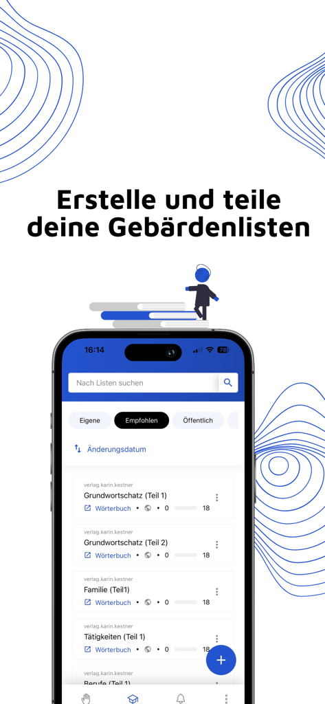 Der Kestner - DGS - Una captura de pantalla de la interfaz de la aplicación Der Kestner que muestra listas de vocabulario de Lengua de Signos Alemana para familias y palabras básicas.
