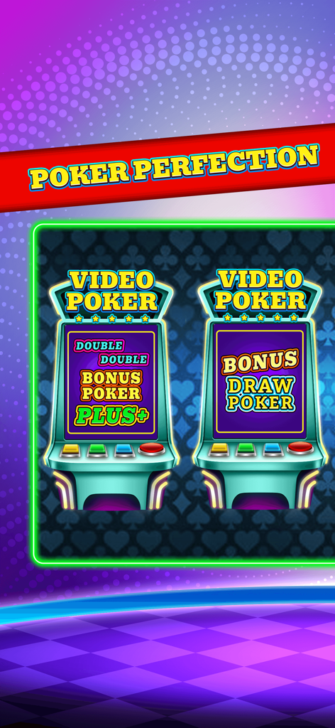 Duas máquinas virtuais de video poker exibindo as variantes de jogo Double Double Bonus Poker Plus e Bonus Draw Poker sob um banner Poker Perfection.