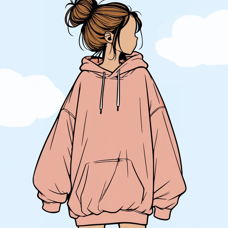 realistic girl with a oversized sweatshirt on and a bun