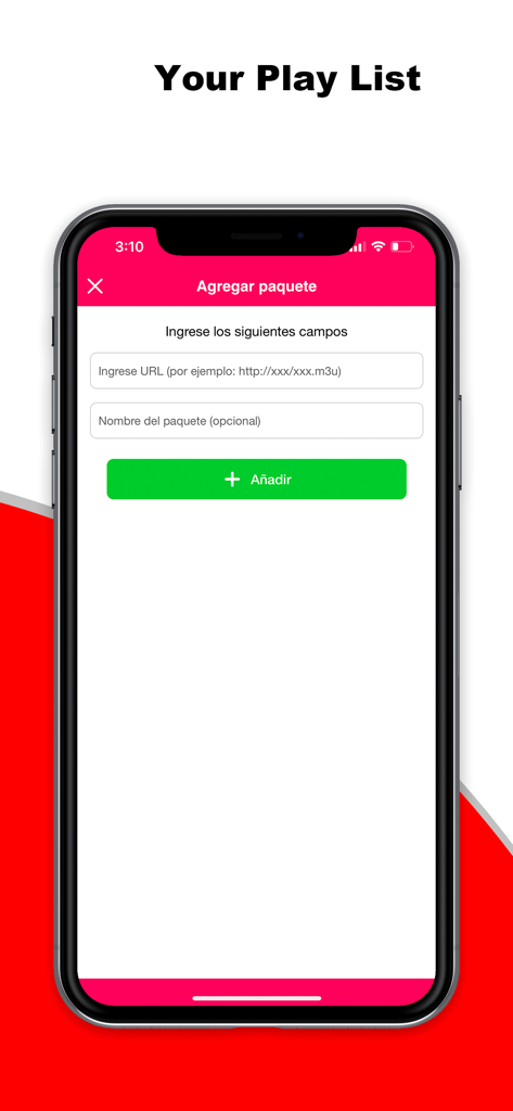 IPTV Pro Play List M3U - Interfaz de usuario para agregar una nueva URL de lista de reproducción M3U en la aplicación IPTV Pro