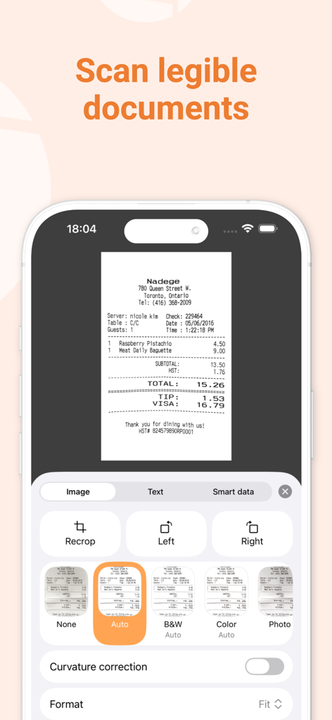 Genius Scan Enterprise - PDF - Genius Scan Enterprise mobile app interface showing a scanned receipt with professional filter and editing options