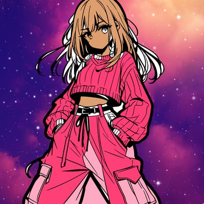 anime teen girl with baggy pants and crop top with sweater