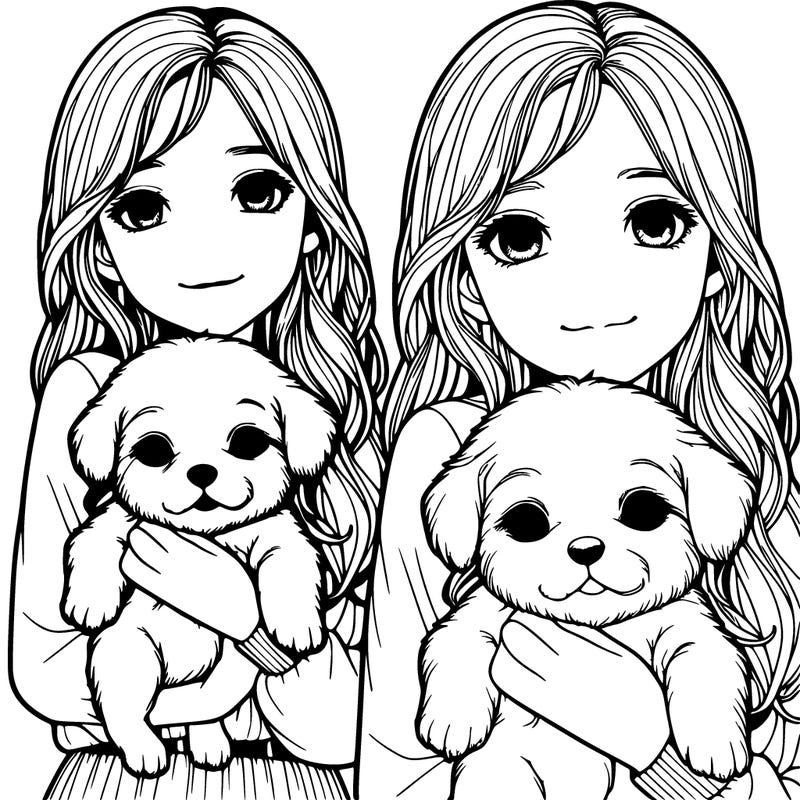 a realistic girl holding a realistic puppy