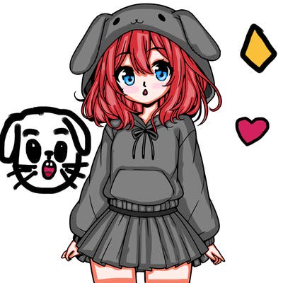 pretty anime girl wearing a fluffy hoodie with bunny ears on the hood and a skirt