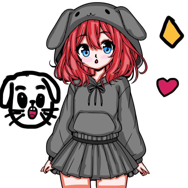pretty anime girl wearing a fluffy hoodie with bunny ears on the hood and a skirt