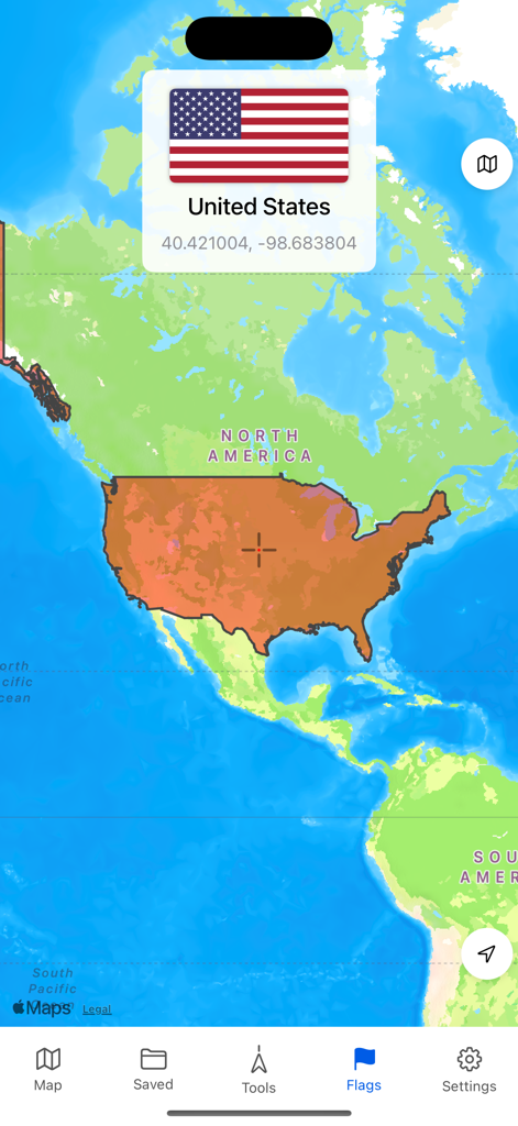 A mobile app interface displaying a map of North America with the United States highlighted and a popup showing the US flag with its central GPS coordinates.