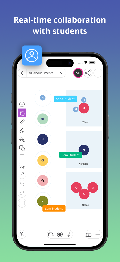 Explain Everything Whiteboard - A smartphone displaying real-time collaboration between students on a digital whiteboard during a chemistry lesson