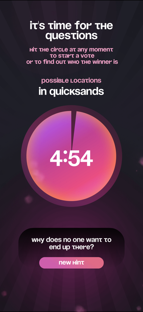 Spy party game gameplay interface showing the question round timer and a location hint