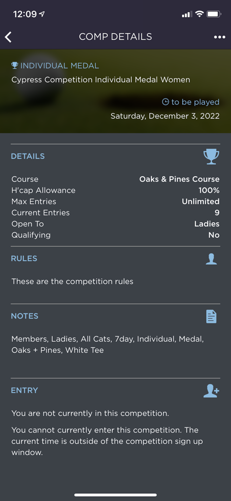 igMember - Detailed view of a golf competition including rules and course info in the igMember app