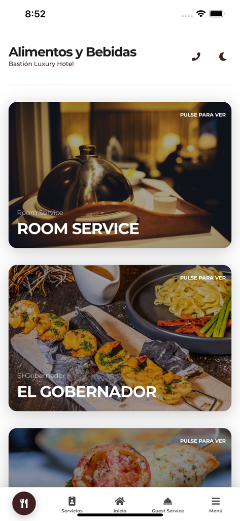 GHL Plus - Interfaz de la aplicación GHL Plus que muestra opciones de servicio de comidas y habitaciones del hotel en Bastion Luxury Hotel