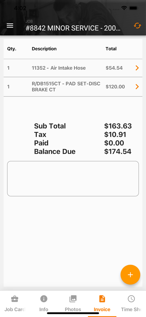MechanicDesk Mobile app displaying a job invoice with listed parts and balance due