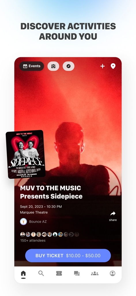 Bounce app interface displaying an upcoming music event at Marquee Theatre with a buy ticket button and attendee social proof.