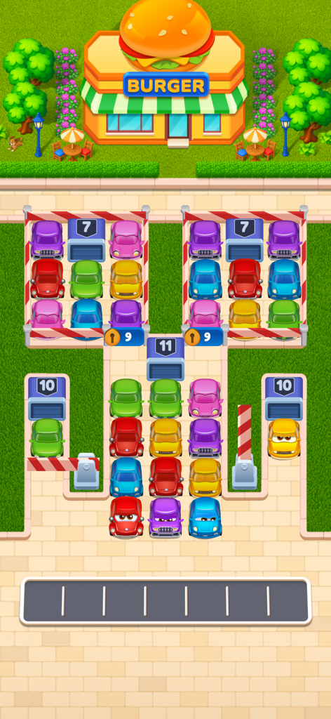 Car Sort · - Una captura de pantalla del juego Car Sort que muestra coches coloridos en un diseño de puzzle de clasificación frente a un edificio de tienda de hamburguesas.
