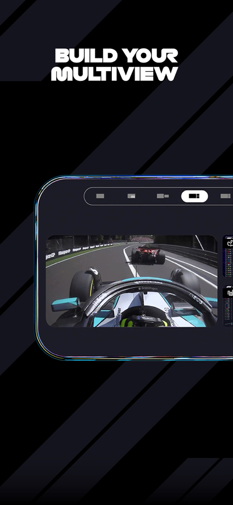 F1 TV - F1 TV app interface displaying a driver's onboard camera and multiview customization tools