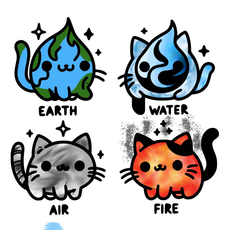 4 cats that represent the different elements, earth, water, air, and fire
