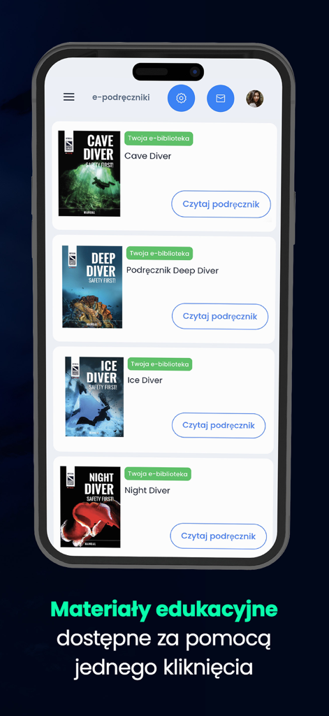 Mobile screen showing a digital library of scuba diving manuals for cave deep ice and night diving within the IDF app