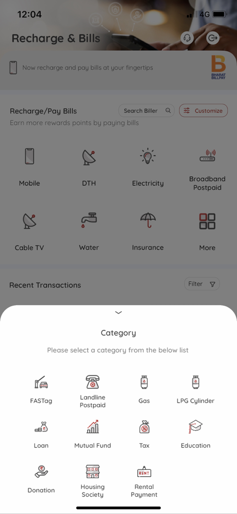 SIB Mirror+ : Mobile Banking - SIB Mirror plus app screen showing various categories for mobile recharges and utility bill payments like electricity water and insurance