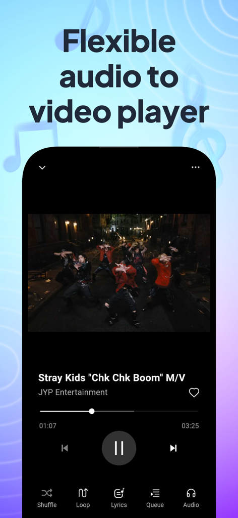POPMusic: MP3 Player, Offline - POPMusic App-Oberfläche, die die flexible Audio-zu-Video-Player-Funktion mit einem abgespielten Musikvideo zeigt
