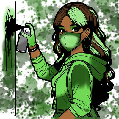 realistic girl with mask spray painting a wall