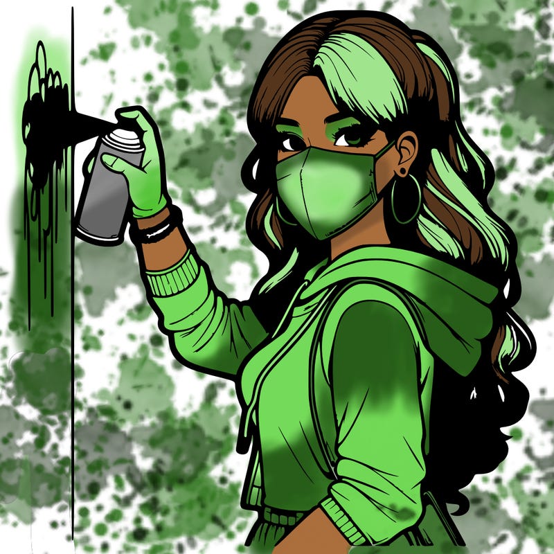 realistic girl with mask spray painting a wall