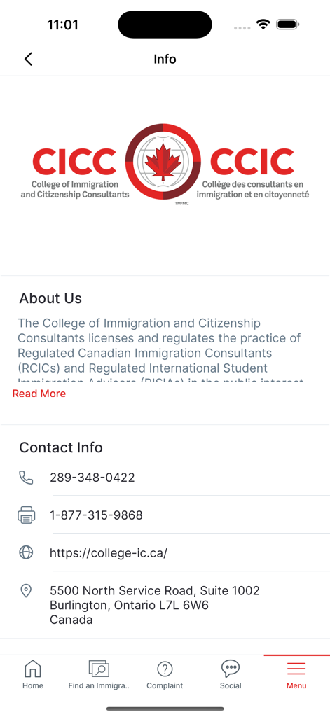 Infoseite der CICC CCIC Mobile App mit Kontaktinformationen und dem Abschnitt Über uns